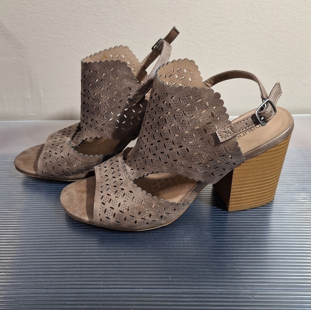 Maurices Taupe Boho Cut Out Scalloped Open Toe Slingback Stacked Heel Sandals - Picture 6 of 16